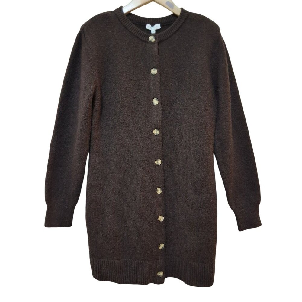 Giani Bini Wool Blend Long Sleeve Button Front Mini Cardigan Dress L Chocolate B - Picture 2 of 9